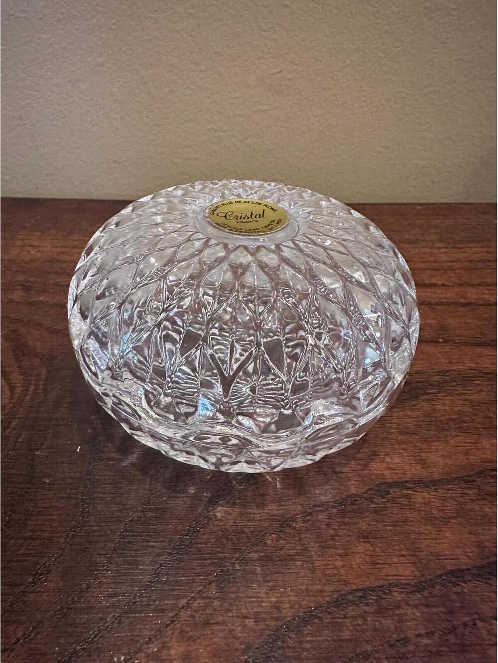 Vintage Cristal France 24% Lead Crystal Trinket Jewelry Dish Round Bowl With Lid